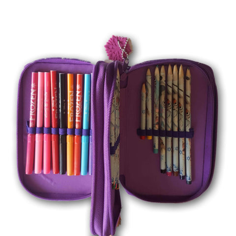3 Flap Frozen Pencil Box With Colour Pencils And Markers