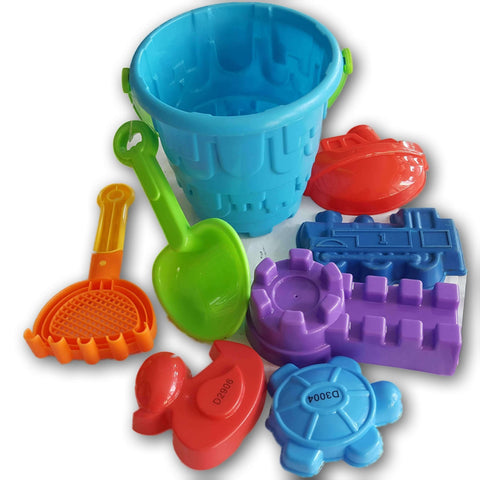 Beach Set , Blue Bucket, Tools, And 4 Moulds