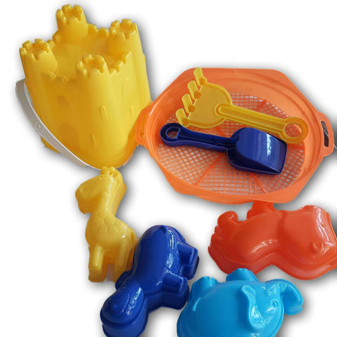 Beach Set , Yellow Bucket, Tools, And 4 Moulds